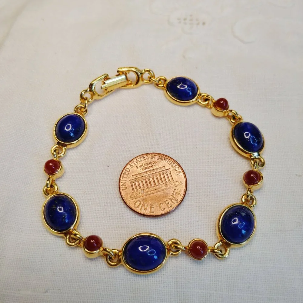 Gold‑Tone Lapis Lazuli & Carnelian Cabochon Link Bracelet, 7.5